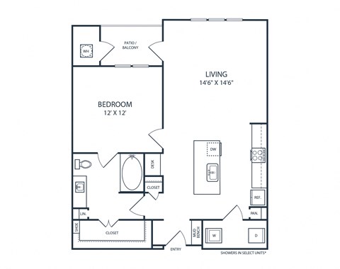 Floor plan for 1 bed, 1 bath, 855 sqft